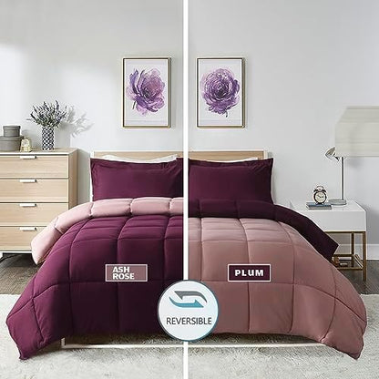 HIG 3pc Plum Queen Comforter Set - All Season Reversible Down Alternative Comforter with Two Shams - Quilted Duvet Insert with Corner Tabs - Box Stitched - Breathable, Soft, Fluffy