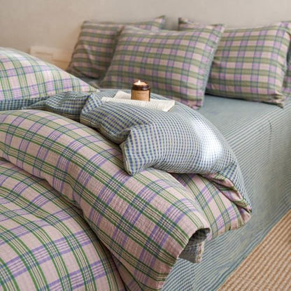 LifeTB Vintage Buffalo Plaid Duvet Cover Queen 100% Cotton Muslin Gingham Duvet Cover Green&Pink&Purple Plaid Checkered Bedding Set Soft Breathable Gauze Comforter Cover Farmhouse Gingham Bedding Set