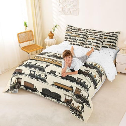 Erosebridal 7 Pcs Vintage Steam Train Bedding Set for Boys Kids Travel Locomotive Train Full Comforter Set with Sheets for Teens Men Transport Vehicle Bed in A Bag Steampunk Railway Bed Sets Beige