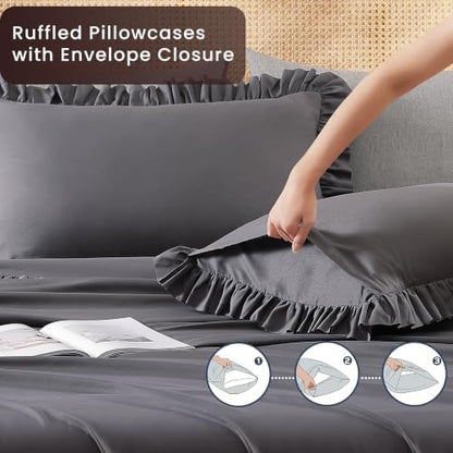 ROSE&RISY Queen Ruffle Sheet Set 4 Piece - Dark Grey Soft Lightweight Microfiber Bedding with Deep Pocket, Breathable Ruffled Flat Sheet & Pillowcases (Dark Grey, Queen Size)