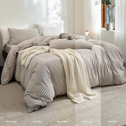 FOSSA Striped Duvet Cover Set 100% Washed Cotton Linen Feel Twin