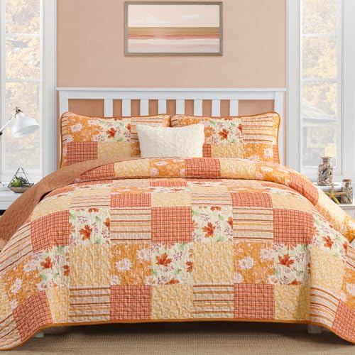 Mybedsoul Orange Boho Quilts Queen Size, Patchwork Floral Fall Bedding Set