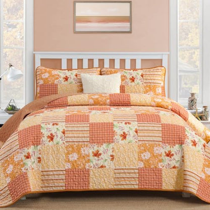 Mybedsoul Orange Boho Quilts Queen Size, Patchwork Floral Fall Bedding Set