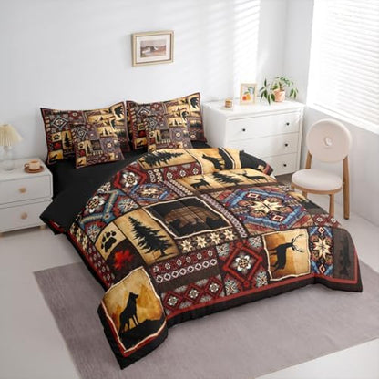 Erosebridal 7 Piece Rustic Cabin Plaid Comforter Set Full,Rustic Farmhouse Aztec Bedding Sets for Kids Teens Men,Retro Hunting Wild Animals Bed in a Bag with Sheets,Country Woodland Pine Tree Bed Set