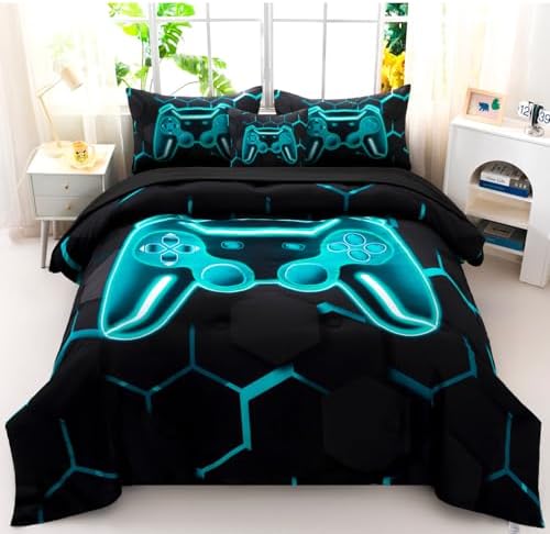 Full Size Gamer Bedding Sets for Boys Girls, 6 Pieces Teal Gaming Comforter Set with Sheets, 3D Game Console Bed in A Bag, Lake Blue Honeycomb Gamepad Kids Bed Set (Teal, Full)