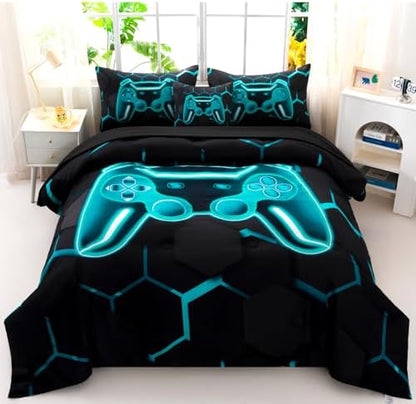 Full Size Gamer Bedding Sets for Boys Girls, 6 Pieces Teal Gaming Comforter Set with Sheets, 3D Game Console Bed in A Bag, Lake Blue Honeycomb Gamepad Kids Bed Set (Teal, Full)