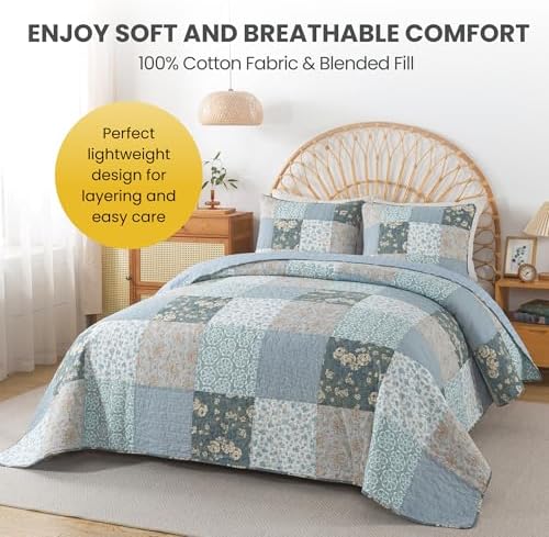 SLPR - Wildflowers Blue Floral Patchwork Cotton Quilt Set, Queen, 2 Shams