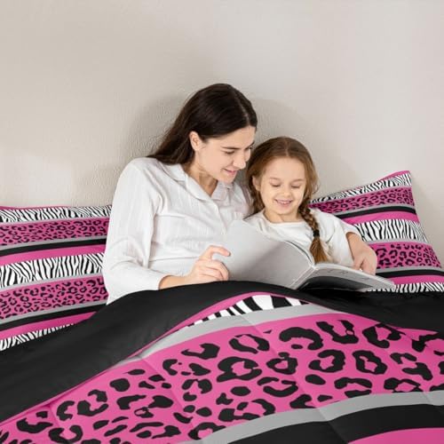 Zebra Stripes Comforter Leopard Print Comforter Set For Kids Boys Girls Pink Black White Zebra Leopard Fur Bedding Set Ultra Soft Decor Wild Animal Skin Texture Pattern Duvet Set King Size Quilt Set