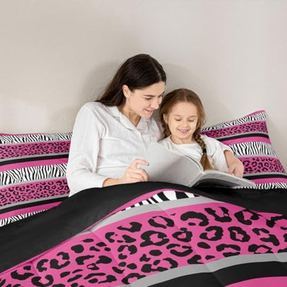Zebra Stripes Comforter Leopard Print Comforter Set For Kids Boys Girls Pink Black White Zebra Leopard Fur Bedding Set Ultra Soft Decor Wild Animal Skin Texture Pattern Duvet Set Twin Size Quilt Set