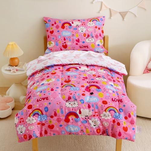 Mooreeke Toddler Bedding Sets for Girls,4 Pieces Pink Rainbow Cloud