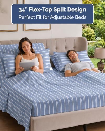 Flex Top Split Head King 6 Piece Sheet Set - Soft & Cooling - Blue Stripes