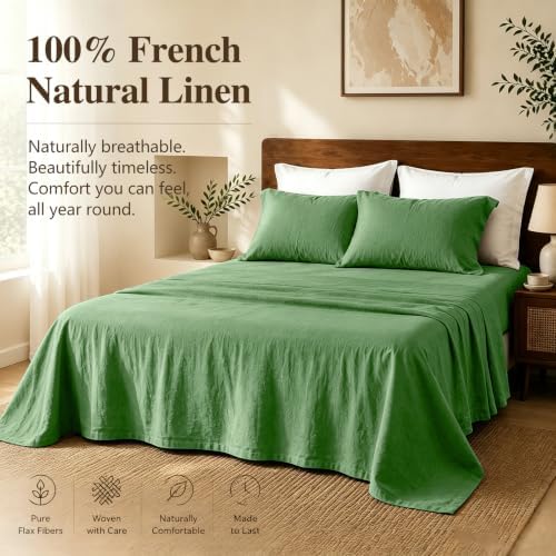 MEISHANG 100% French Linen Sheets Queen,4 Pcs,18-24" Extra Deep Pocket