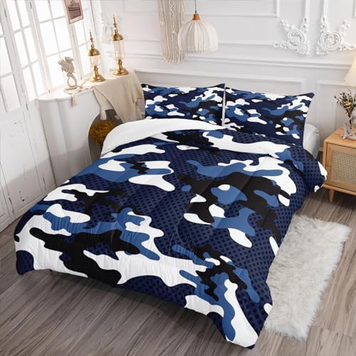 Nttopship Blue Camo Bedding Set Queen Size,Blue and White Camou Camouflage Comforter Set 3Pcs,All Season Lightweight Bedspread for Boy Kids Teens Adults with 2 Pillowcases