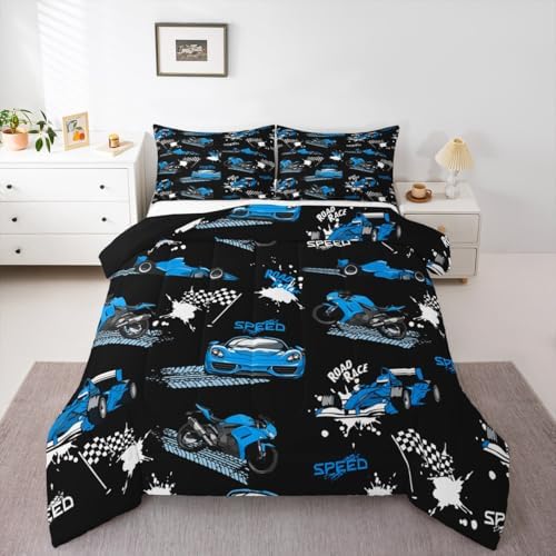 Erosebridal Kids Race Car Comforter Set Blue Black Racing Car Bedding Set Toddler Size,Speed Sports Car Comforter Extreme Sports Duvet Insert for Boys Teens Cool Dirt Bike Motocross Quilt Bed Set