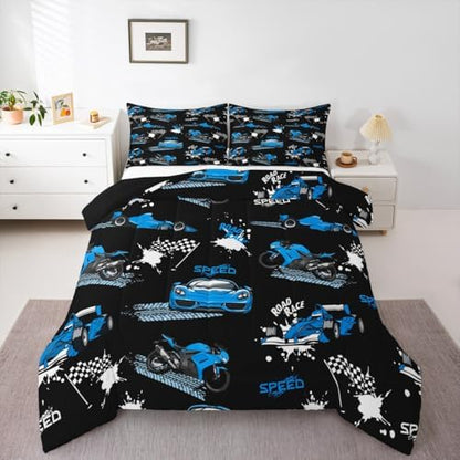 Erosebridal Kids Race Car Comforter Set Blue Black Racing Car Bedding Set Toddler Size,Speed Sports Car Comforter Extreme Sports Duvet Insert for Boys Teens Cool Dirt Bike Motocross Quilt Bed Set