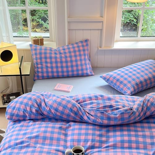 FACE TWO FACE Bedding Duvet Cover Set100% Washed Cotton Duvet Cover Linen Like Textured Breathable Durable Soft Comfy (Full, Blue Purple Grid)