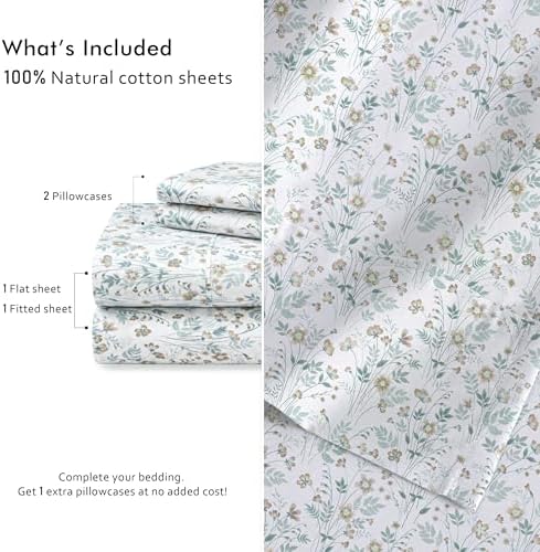 RUVANTI 100% Cotton Twin Sheets, Percale Twin Sheet Set, Fleur & Field