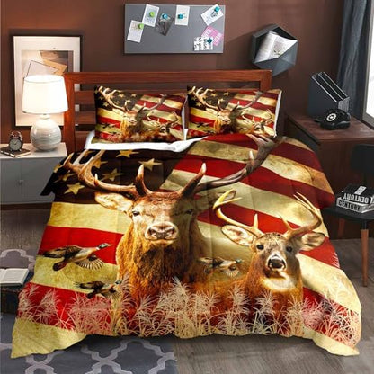 LUVIVIHOME 3PCS Deer Comforter Set Full Size, Camo Bedding, 4th of July American Flag Mallard Duck Forest Animal Wildlife Hunting Hunter Country Rustic Farmhouse Cabin Bedroom Decor, 2 Pillow Shams