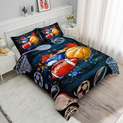 Axolotl Ball Game Bedding Set King Size,3 Piece Basketball Volleyball Comforter Set,Cartoon Soccer Football Sports Bedding,Colorful Ball Sport Bed for Kids Boys Teens,1 Quilt 2 Pillowcases