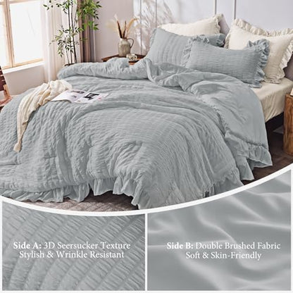 JOLLYVOGUE Light Grey Oversized Queen Comforter Set,3pcs Seersucker Bed Set
