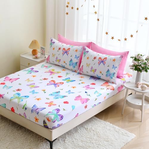 Wajade 7 Piece Butterfly Comforter Set for Girls Kids Cute Colorful Butterfly Flowers Floral Bedding Set Twin Size with Sheet and 2 Pillowcases 2 Pillow Shams Bed in a Bag as Birthday Choice