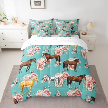 Erosebridal Kids Horse Twin Comforter Set 7 Pieces, Chic Retro Floral Bed in A Bag, Galloping Horse Printed Bedding Set with Comforters, Sheets, Pillowcases Farm Animal Bedroom Decor