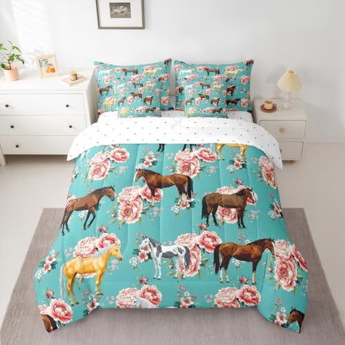 Erosebridal Kids Horse Full Comforter Set 7 Pieces, Chic Retro Floral Bed in A Bag, Galloping Horse Printed Bedding Set with Comforters, Sheets, Pillowcases Farm Animal Bedroom Decor
