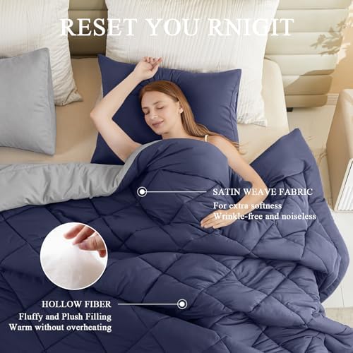 MIOTO 132x120 Alaskan King Comforter, Extra Large King Size Comforter Oversized, All Season Soft Lightweight Quilt Down Alternative Duvet Insert with 8 Corner Tabs, Navy Blue&Light Grey