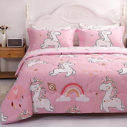 Wajade Kids Pink Unicorn Comforter Set Bed in A Bag Twin Size 7 Piece Cute Unicorn Rainbow Clouds Bedding Set for Girls (1 Comforter, 1 Flat Sheet, 1 Fitted Sheet, 2 Pillowcase and 2 Pillow Sham)