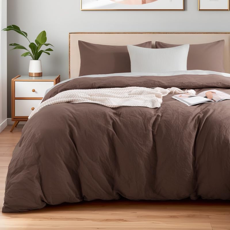 NEXHOME PRO King Duvet Cover Set 100% Certified Organic Cotton with Washed Feel & Linen-Like Texture, Comfortable & Breathable, Home Bedding Set Dark Brown (No Comforter)
