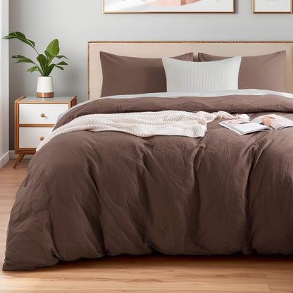 NEXHOME PRO King Duvet Cover Set 100% Certified Organic Cotton with Washed Feel & Linen-Like Texture, Comfortable & Breathable, Home Bedding Set Dark Brown (No Comforter)