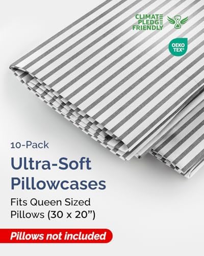 Queen Pillow Cases Set of 10 - Ultra Soft Pillowcase Covers - Grey Stripes