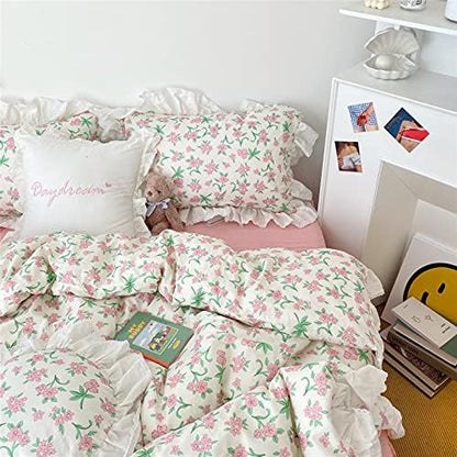 VM VOUGEMARKET Girls Ruffle Bedding Set Twin XL 3 Pieces Pink Flower Duvet Cover Set with Lace Edge-100% Cotton Elegant Princess Style Comforter Cover-68x90 Inch