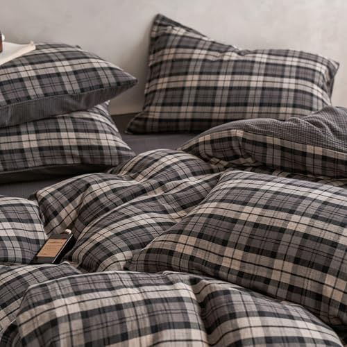 Vintage Grey Plaid Duvet Cover Gingham Bedding Set Twin 100% Cotton Muslin Duvet Cover Like Linen Feel Soft Comfy Grey Plaid Grid Checkered Comforter Cover Breathable Grid Farmhouse Dorm Bedding Set