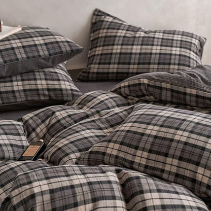 Vintage Grey Plaid Duvet Cover Gingham Bedding Set Twin 100% Cotton Muslin Duvet Cover Like Linen Feel Soft Comfy Grey Plaid Grid Checkered Comforter Cover Breathable Grid Farmhouse Dorm Bedding Set