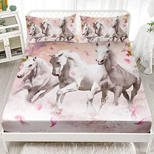HOSIMA Floral Horse Fitted Sheet Full,1 Fitted Sheet+2 Pillowcases.