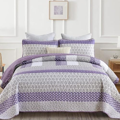 WONGS BEDDING Purple Queen Quilt Bedding Set, Bohemian Stripe Bedspread