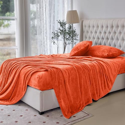 Elegant Comfort Luxuriously Soft 4-Piece Velvet Plush Flannel Sheet Set - Premium Quality - Cozy Warm, Anti-Static, Non Pilling Fuzzy Velvet Flannel Fleece Deep Pocket Sheet Set - Twin XL, Orange