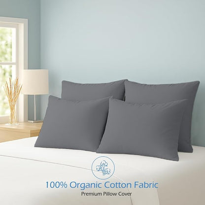 Comfort Beddings Standard Pillowcases Set of 4 – 100% Organic Cotton, 600 Thread Count Sateen, Soft & Comfy Pillow Covers with Envelope Closure, Grey, Standard Size 20 x 26 Inches