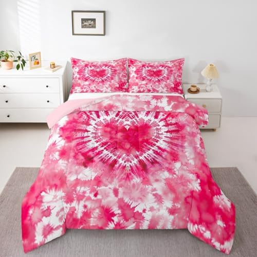 Rose Red Tie Dye Comforter Set Queen Size,Cute Heart Pink Tie Dye Bedding Set 3pcs for Kids Teens Girls Women Room Decor,Watercolor Tie Dye Quilt Set Modern Fashion Down Comforter with 2 Pillowcases