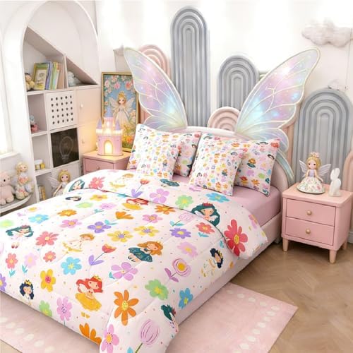 Erosebridal Cute Floral Bed in a Bag King Size Comforter Set 7-Piece | Kids Cartoon Fairy Princess Bedding Sets Rustic Flowers Comforter and Sheet Set, Kawaii Elf Room Decor,Pink