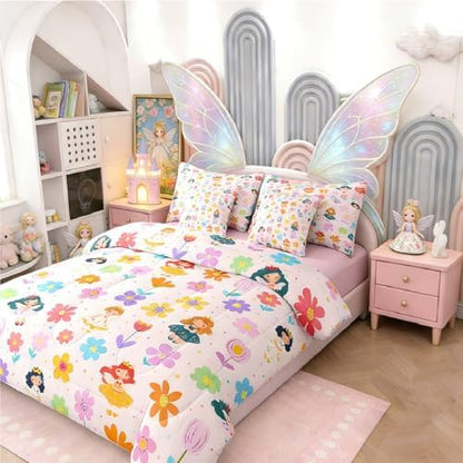 Erosebridal Cute Floral Bed in a Bag King Size Comforter Set 7-Piece | Kids Cartoon Fairy Princess Bedding Sets Rustic Flowers Comforter and Sheet Set, Kawaii Elf Room Decor,Pink