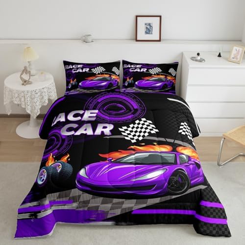 Feelyou Kids Purple Race car Comforter Set Queen Size Speed Sports Car Bedding Set Boys Girls Automobile Racing Car Quilt Set Extreme Sports Theme Bed Set