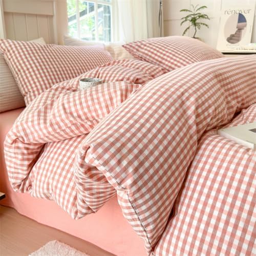 Mucalis Pink Gingham Duvet Cover King 100% Washed Cotton Brown Pink Plaid Checkered Duvet Cover Set Vintage 3 Piece Grid Bedding Set with Zipper Closure 4 Corner Ties,Durable,Breathable,Easy Care