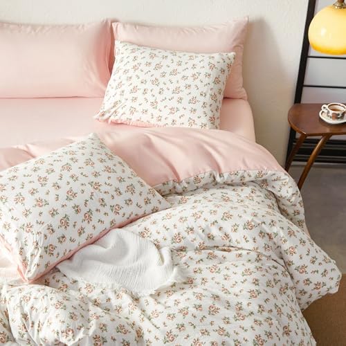 Wake In Cloud - Floral Comforter Set with Sheets, Coquette Cottagecore Aesthetic Flower Shabby Chic Pattern for Women Teen Girls, 7 Pieces Bed in a Bag, Peach Blush, Full Size