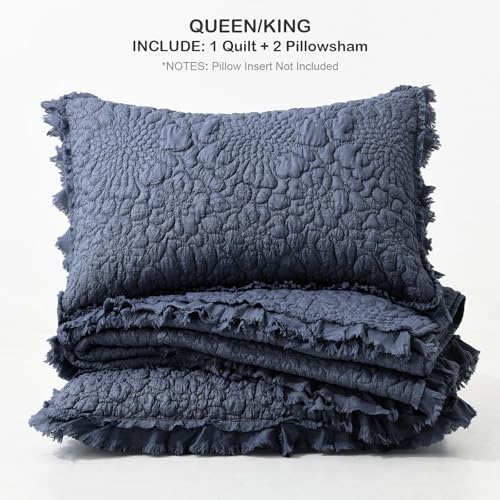 HORIMOTE HOME Shabby Chic Ruffled Quilt Queen Size, Navy Blue Floral Quilt Set Lightweight Crinkled Farmhouse Rustic Bedding Set, 3 Pieces Reversible Bedspread with Pillow Shams for All Season