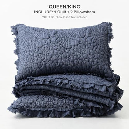 HORIMOTE HOME Shabby Chic Ruffled Quilt Queen Size, Navy Blue Floral Quilt Set Lightweight Crinkled Farmhouse Rustic Bedding Set, 3 Pieces Reversible Bedspread with Pillow Shams for All Season