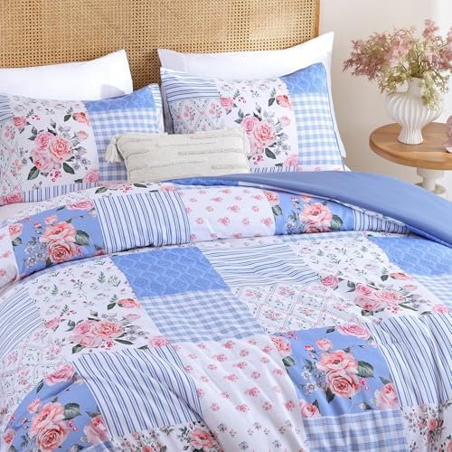 YIKUSH Blue Floral Full Comforter Set, Soft Lightweight All Season Bedding Set for Women Girls, Cozy Cottagecore Botanical Comforter Full Size with 2 Pillow Shams, Breathable Floral Bed Set