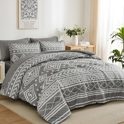 Yiran Boho Aztec Comforter Set King Size, Grey Comforter Bedding Set, 7 Piece Bed in a Bag, Soft Microfiber Bohemian Striped Complete Bedding Set with Sheets for All Season
