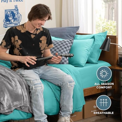 Bare Home Bed-in-A-Bag 5 Piece Comforter & Sheet Set - Twin XL - Goose Down Alternative - Ultra-Soft 1800 Premium Bed Set (Twin XL, Turquoise/Turquoise)
